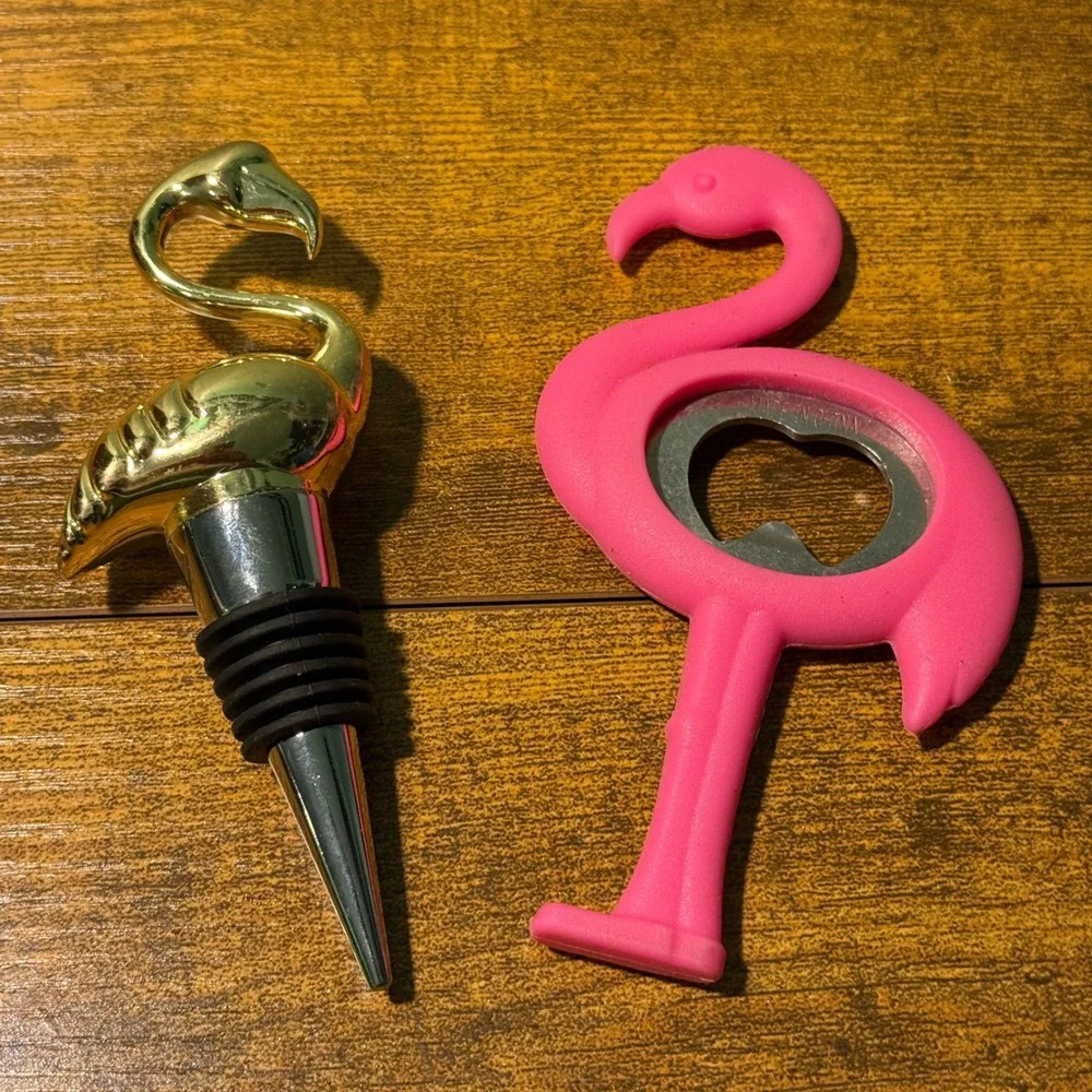Flamingo Wine Bottle Stopper and Pink Bottle Opener Set Tropical Barware Gold
